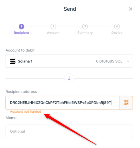 Gặp thông báo "Account not funded" khi gửi SOL trên Ledger Live