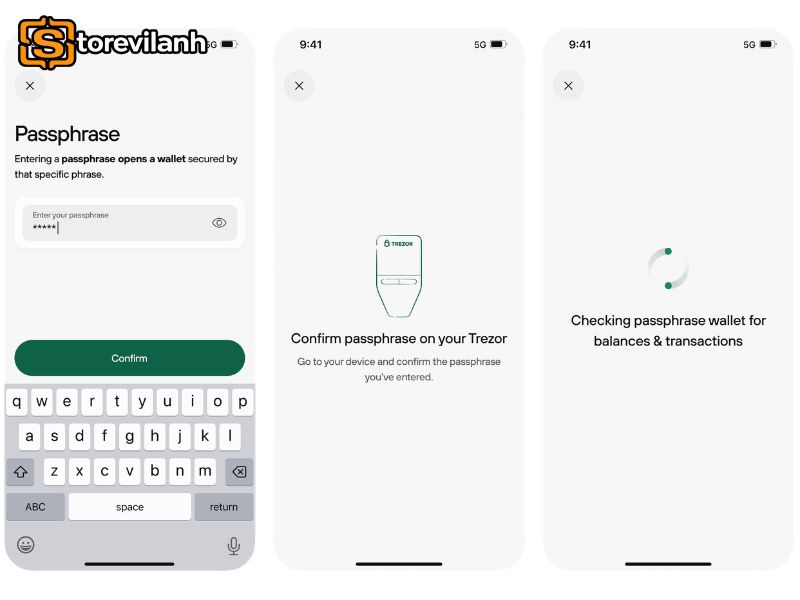 Nhập passphrase, x&aacute;c nhận tr&ecirc;n Trezor v&agrave; kiểm tra v&iacute;