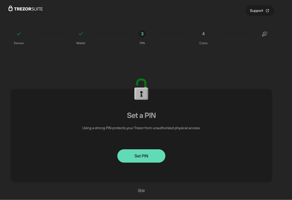 Trong qu&aacute; tr&igrave;nh c&agrave;i đặt Trezor, cần tạo m&atilde; PIN để bảo vệ thiết bị v&agrave; t&agrave;i sản số ngay từ bước thiết lập ban đầu