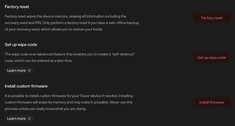 H&atilde;y sao lưu cụm từ kh&ocirc;i phục v&agrave; mật khẩu trước khi reset thiết bị Trezor