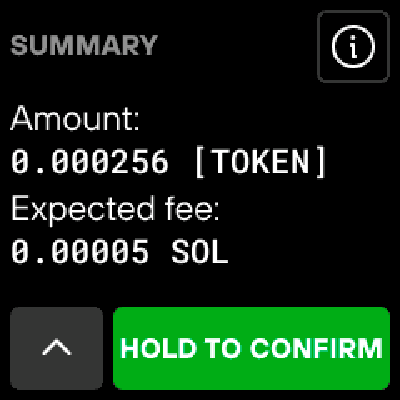 Trezor Model T hiển thị t&oacute;m tắt cuối c&ugrave;ng của giao dịch h&atilde;y chọn Hold to confirm để giao dịch trực tiếp tr&ecirc;n thiết bị