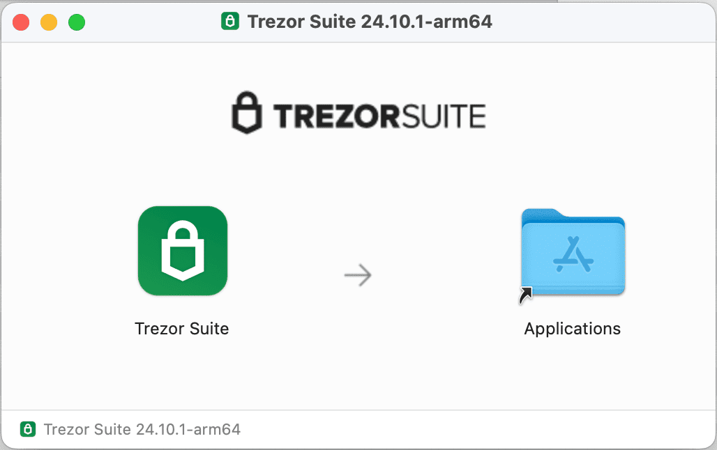 K&eacute;o biểu tượng Trezor Suite v&agrave;o thư mục Applications theo hướng dẫn