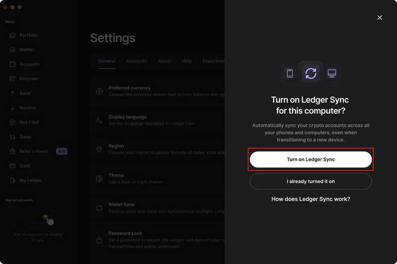 Nhấn Turn on Ledger Sync v&agrave; kết nối thiết bị Ledger bằng c&aacute;ch mở kh&oacute;a