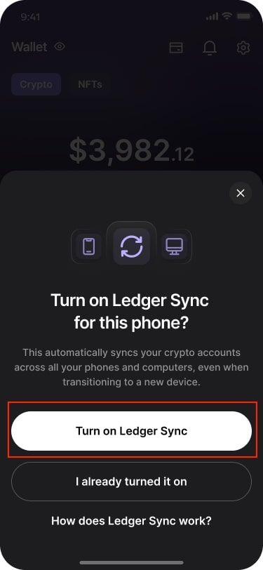 Nhấn Turn on Ledger Sync v&agrave; chọn Use my Ledger device để li&ecirc;n kết với thiết bị Ledger d&ugrave;ng l&agrave;m lớp bảo mật sao lưu