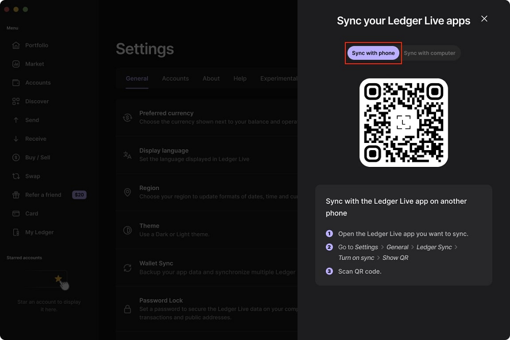 Mở ứng dụng Ledger Wallet tr&ecirc;n điện thoại cần đồng bộ