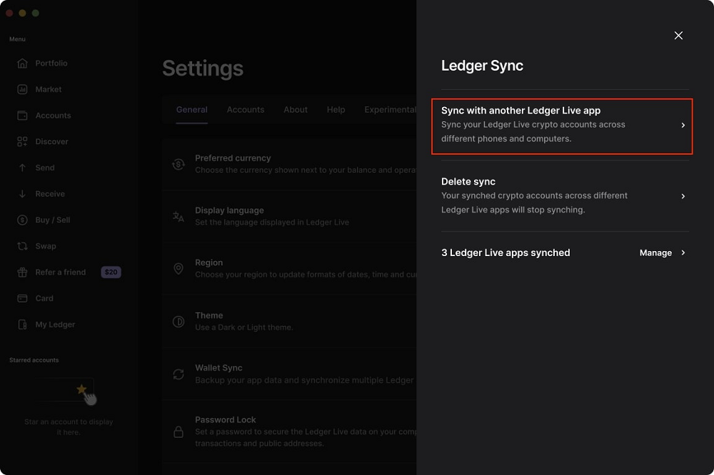 Chọn Sync with another Ledger Live app