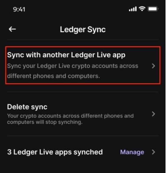 Chọn Sync with another Ledger Wallet app