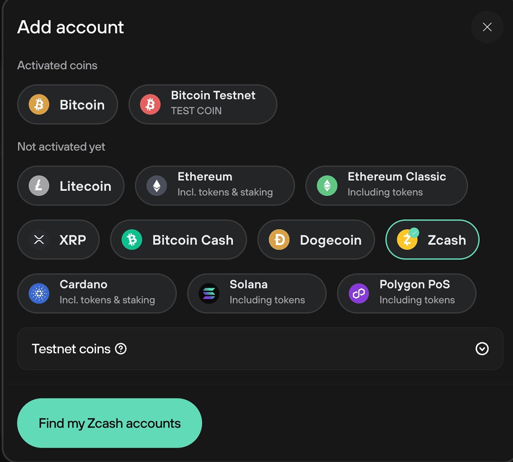 T&igrave;m v&agrave; chọn Zcash trong danh s&aacute;ch c&aacute;c loại tiền điện tử được hỗ trợ