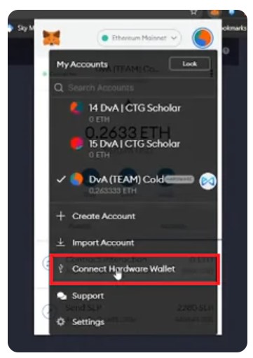 Chọn Connect Hardware Wallet v&agrave; lựa chọn Trezor