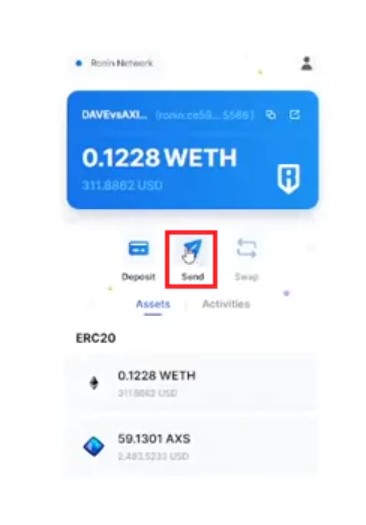 Truy cập v&agrave;o v&iacute; Ronin đang chứa AXS hoặc SLP, sau đ&oacute; chọn chức năng Send để bắt đầu giao dịch