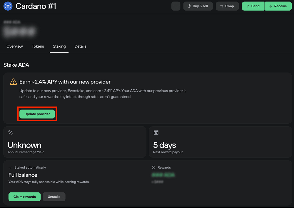 Mở mục Staking Dashboard v&agrave; chọn Update Provider