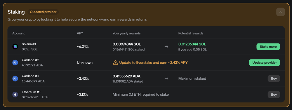 Trezor Suite sẽ hiển thị th&ocirc;ng b&aacute;o nhắc nhở tr&ecirc;n Staking Dashboard v&agrave; thanh th&ocirc;ng b&aacute;o ở đầu giao diện