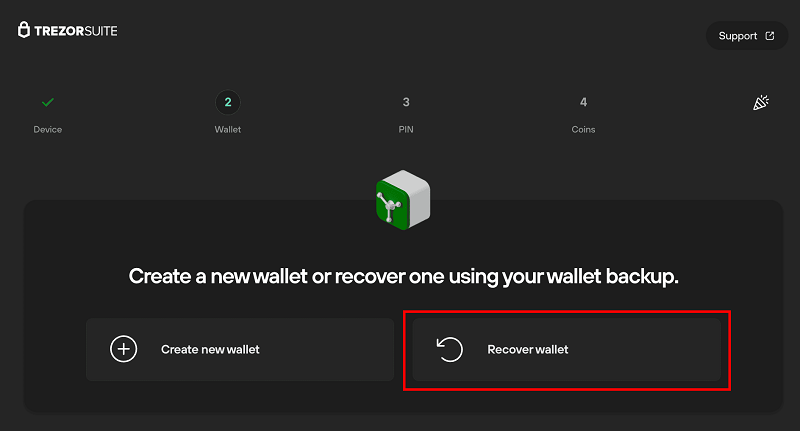 Trong Trezor Suite, h&atilde;y nhấp v&agrave;o Kh&ocirc;i phục v&iacute;