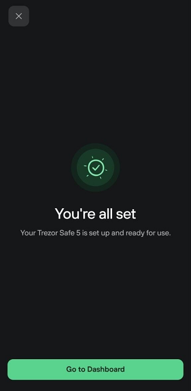 Qu&aacute; tr&igrave;nh c&agrave;i đặt Trezor Safe 5 cơ bản đ&atilde; ho&agrave;n tất, sẵn s&agrave;ng kết nối với Trezor Suite