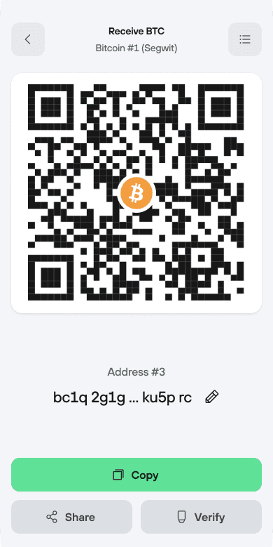 Trezor Suite hiển thị địa chỉ nhận v&agrave; m&atilde; QR để bạn cung cấp cho b&ecirc;n gửi