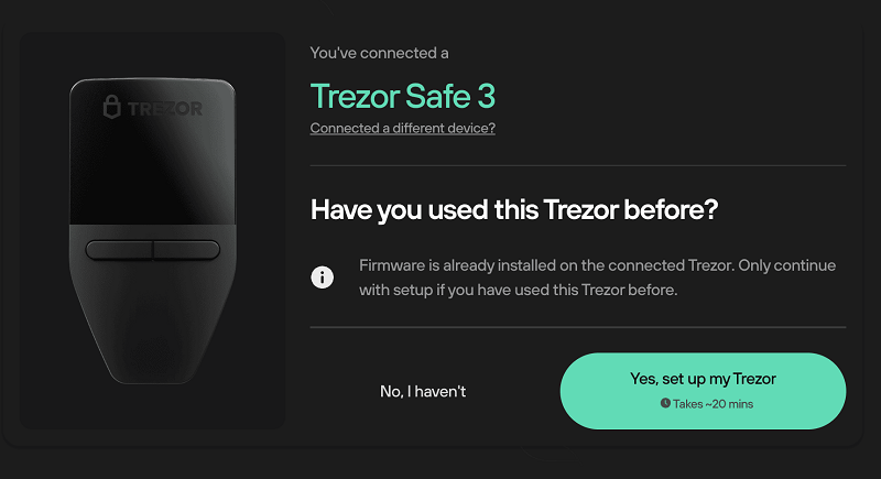 Nếu thiết bị đ&atilde; x&oacute;a dữ liệu v&agrave; c&agrave;i sẵn firmware, chọn &ldquo;C&oacute;, Thiết lập Trezor