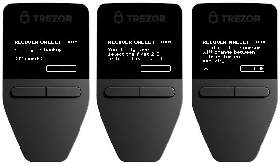 D&ugrave;ng n&uacute;t điều khiển tr&ecirc;n Trezor Safe 3 để nhập từng từ đ&uacute;ng thứ tự