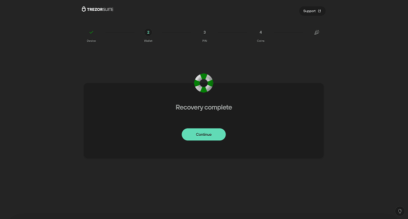 Kh&ocirc;i phục th&agrave;nh c&ocirc;ng, nhấn &ldquo;Tiếp tục&rdquo; tr&ecirc;n Trezor Suite để truy cập v&iacute;